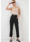 Pileli Kemerli Kumaş Pantolon 6725 - Siyah