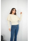 Piliseli Pelerin Detaylı Triko Bluz - Ekru