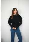 Piliseli Pelerin Detaylı Triko Bluz - Siyah