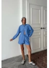 POPLİN ÇİZGİLİ GÖMLEK - ŞORT TAKIM - Mavi