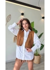 Kadın Taba Süet Püsküllü Kolsuz Crop Yelek Önü Açık Bohem Kovboy Model Kısa Yelek
