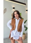 Kadın Taba Süet Püsküllü Kolsuz Crop Yelek Önü Açık Bohem Kovboy Model Kısa Yelek