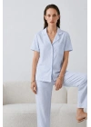 Kadın Mavi Çizgili Kısa Kollu Düğmeli Gömlek Yaka Cepli Pantolonlu Pijama Takımı