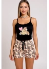 Renkli Ayıcık Desenli Askılı Şortlu Kadın Pijama Takımı