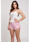Renkli Kedi Desenli Askılı Şortlu Kadın Pijama Takımı