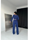Kadın Saks Mavi Örgü Dokulu Triko Takım
