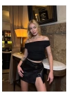 bysoca Kadın Siyah Drapeli Degaje Yaka Kısa Kollu Vücudu Saran Sandy Kumaş Crop Bluz