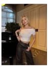 bysoca Kadın Beyaz Drapeli Degaje Yaka Kısa Kollu Vücudu Saran Sandy Kumaş Crop Bluz