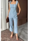 ŞANTUK KETEN YELEK GÖRÜNÜMLÜASKILI BLUZ - PANTOLON TK - Mavi