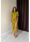 Sarı Büzgülü Saten Elbise