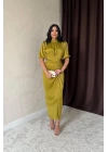 Sarı Büzgülü Saten Elbise