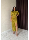 Sarı Büzgülü Saten Elbise