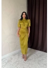 Sarı Büzgülü Saten Elbise