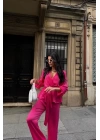 SATEN KRUVAZE BAĞLAMALI BLUZ- PANTOLON TAKIM - Fuşya