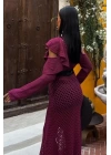 Saten Kuşaklı Ajurlu Triko Elbise 2847