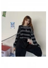Kadın Siyah Gri Çizgili Selanik Örgü Bisiklet Yaka Uzun Kol Oversize Crop Triko Kazak
