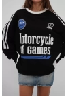 Şerit Detay Baskılı Oversize Sweatshirt