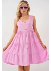 Sıfır Kol Düğmeli Kısa Elbise 2571 - Pembe