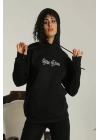 Sırt Baskılı Oversize Üç İplik Kapüşonlu Sweatshirt - Siyah
