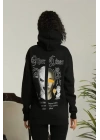 Sırt Baskılı Oversize Üç İplik Kapüşonlu Sweatshirt - Siyah