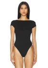 bysoca Kadın Siyah Sırt Dekolteli Kayık Yaka Kısa Kol İpek Jarse Tanga Bodysuit