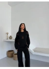 Kadın Siyah Ayıcık Desenli Triko Bisiklet Yaka Uzun Kollu Bol Paça Pantolonlu Alt Üst Takım