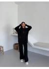 Kadın Siyah Ayıcık Desenli Triko Bisiklet Yaka Uzun Kollu Bol Paça Pantolonlu Alt Üst Takım