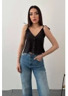 Kadın Siyah Brode Bağcıklı Bluz