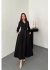 Siyah Düğmeli Poplin Elbise - SİYAH