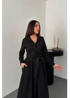 Siyah Düğmeli Poplin Elbise - SİYAH