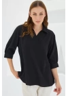 Siyah Gömlek Yaka Saten Bluz 0493