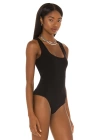 bysoca Kadın Siyah Kalın Askılı Kare Yaka Sıfır Kol Vücudu Saran Jarse Tanga Basic Bodysuit
