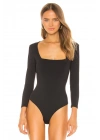 bysoca Kadın Siyah Kare Yaka Uzun Kollu Vücudu Saran Jarse Tanga Basic Bodysuit