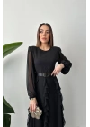 Siyah Kemerli Şifon Elbise - Siyah