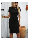 bysoca Kadın Siyah Bisiklet Yaka Kısa Kollu Yandan Büzgülü Vücudu Saran Mini Bodycon Viskon Elbise