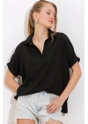 Siyah Oversize Polo Yaka Örme Bluz 0486