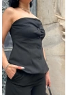 Siyah Straplez Düğmeli Crop Ve Pantolon Takım