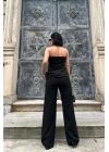 Siyah Straplez Düğmeli Crop Ve Pantolon Takım