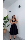 Kadın Siyah Yüksek Bel Beli Lastikli Kloş Çan Kesim Poplin Kumaş Midi Boy Etek