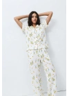Kadın Çok Renkli Çiçek Desenli Kısa Kollu Gömlek Yaka Düğmeli Pantolonlu Pijama Takımı