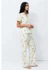 Kadın Çok Renkli Çiçek Desenli Kısa Kollu Gömlek Yaka Düğmeli Pantolonlu Pijama Takımı