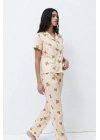 Kadın Kırık Beyaz Ayıcık Desenli Kısa Kollu Düğmeli Gömlek Yaka Pantolonlu Pijama Takımı