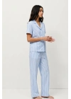 Kadın Mavi Çizgili Kısa Kollu Gömlek Yaka Düğmeli Pantolonlu Pamuklu Pijama Takımı