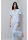Kadın Mavi Çizgili Kısa Kollu Gömlek Yaka Düğmeli Pantolonlu Pamuklu Pijama Takımı