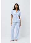 Kadın Mavi Çizgili Kısa Kollu Gömlek Yaka Düğmeli Pantolonlu Pamuklu Pijama Takımı
