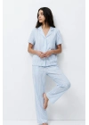 Kadın Mavi Çizgili Kısa Kollu Gömlek Yaka Düğmeli Pantolonlu Pamuklu Pijama Takımı