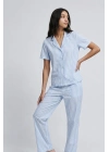 Kadın Mavi Çizgili Kısa Kollu Gömlek Yaka Düğmeli Pantolonlu Pamuklu Pijama Takımı