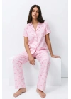 Kadın Pembe Çizgili Fiyonk Desenli Kısa Kollu Düğmeli Gömlek Yaka Pantolonlu Pijama Takımı