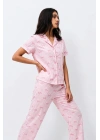 Kadın Pembe Çizgili Fiyonk Desenli Kısa Kollu Düğmeli Gömlek Yaka Pantolonlu Pijama Takımı
