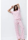 Kadın Pembe Çizgili Fiyonk Desenli Kısa Kollu Düğmeli Gömlek Yaka Pantolonlu Pijama Takımı